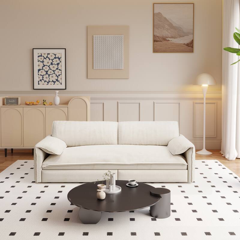 66" Queen Velvet Pull Out Sofa Bed w/ Side Storage Multi-Functional Loveseat Bed for Living Room Office - White