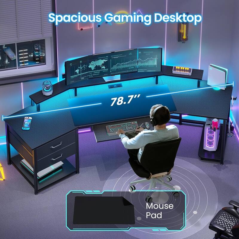 79" Gaming Desk 2 Fabric Drawers Gaming Table Power Strip & LED Lights