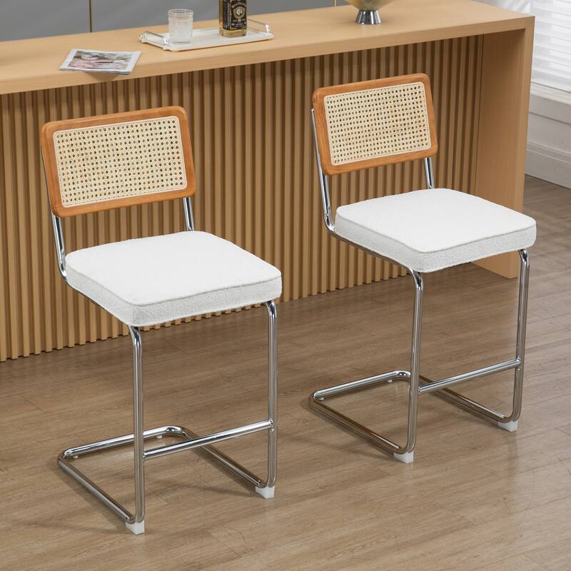 Set of 2 Ayers White Fabric Counter Stool with Rattan Backrest and Chrome Legs