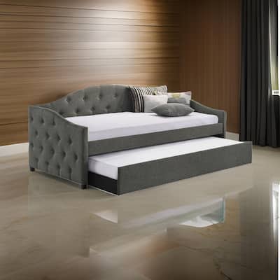 Mosh Twin Daybed with Trundle, Camel Back, Button Tufted, Gray Upholstery