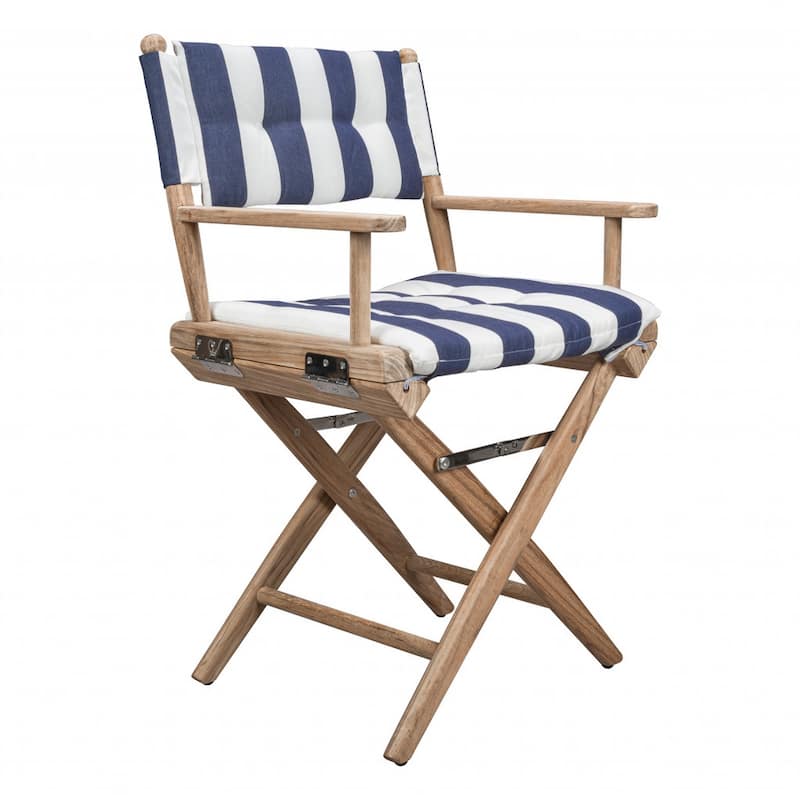 23" Blue and White and Natural Wood Solid Wood Indoor Outdoor Director Chair with Blue and White Cushion