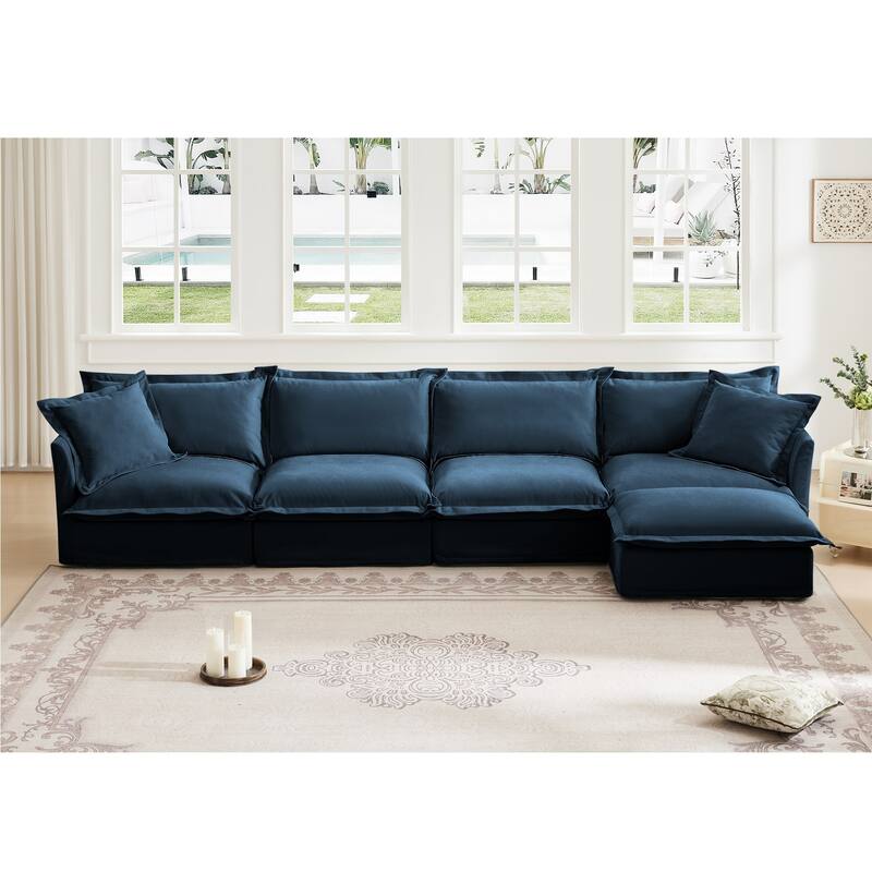 Modern 4 Seater Upholstered Sofa with 1 Ottoman and 2 Pillows