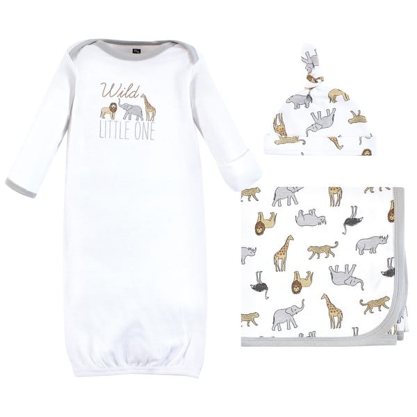 slide 1 of 1, Hudson Baby Gown, Swaddle Blanket and Cap or Headband, Modern Neutral Safari, 0-6 Months - Modern Neutral Safari 0-6 Months - Modern Neutral Safari