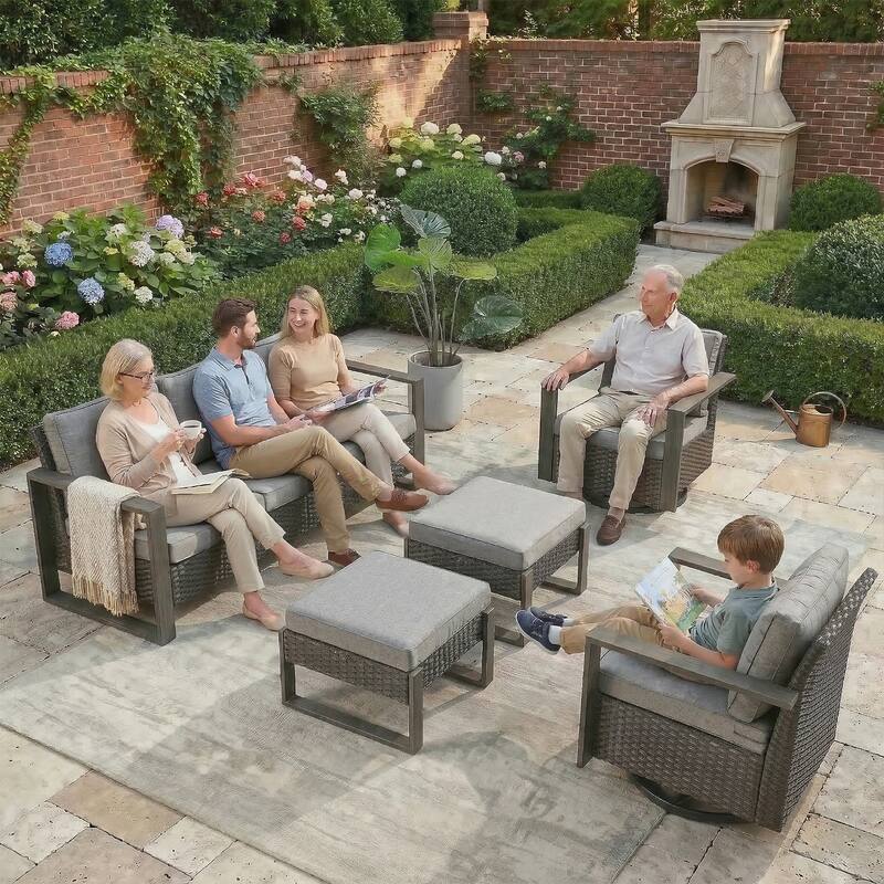 Gymojoy 7 Pieces Patio Sofa with Rattan Swivel Rocking Chair Ottomans Outdoor Conversation Set