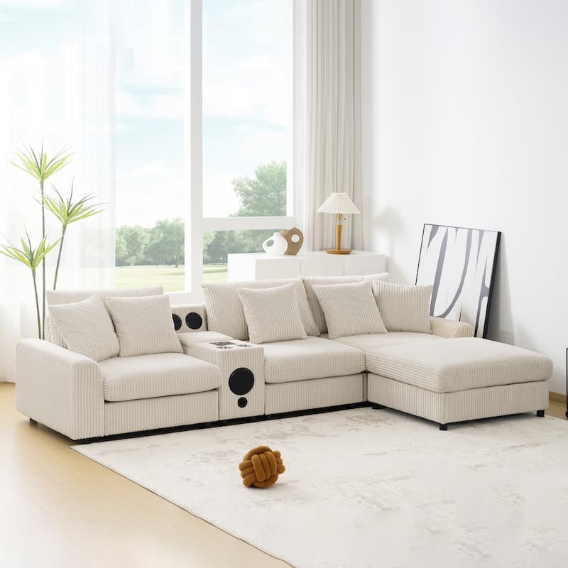 Corduroy Sectional Sofa With Bluetooth Speakers,L Shaped Couch With Console,Usb Charger,Cup Holders,Storage,Ottoman - Cream