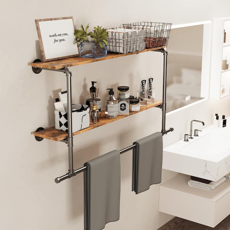2 Tier Clothes Display Rack Pipe w/Wood Shelves for Garment Storage