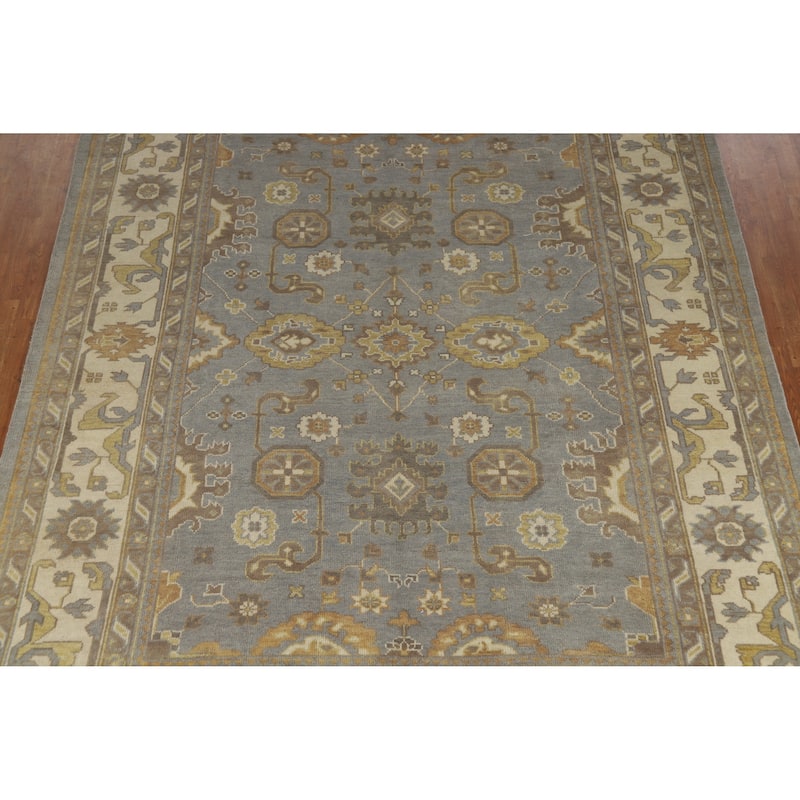 Light Blue & Ivory Oushak Indian Area Rug Handmade Wool Carpet - 9'1" x 11'11"