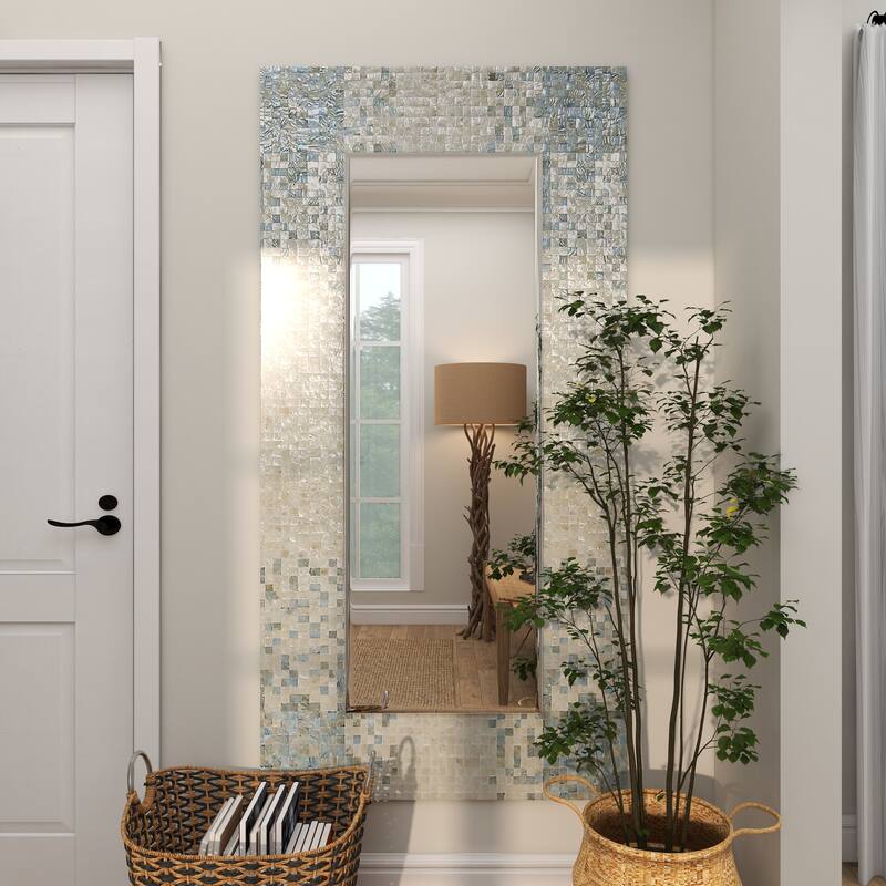 Cream Mother of Pearl Shell Handmade Mosaic Room Wall Mirror with Blue Corners