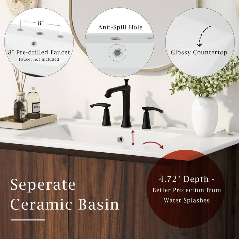 Bathroom Vanity with Ceramic Sink, Bathroom Cabinet with Soft-Closing Doors, Freestanding Cabinet with Open Shelf