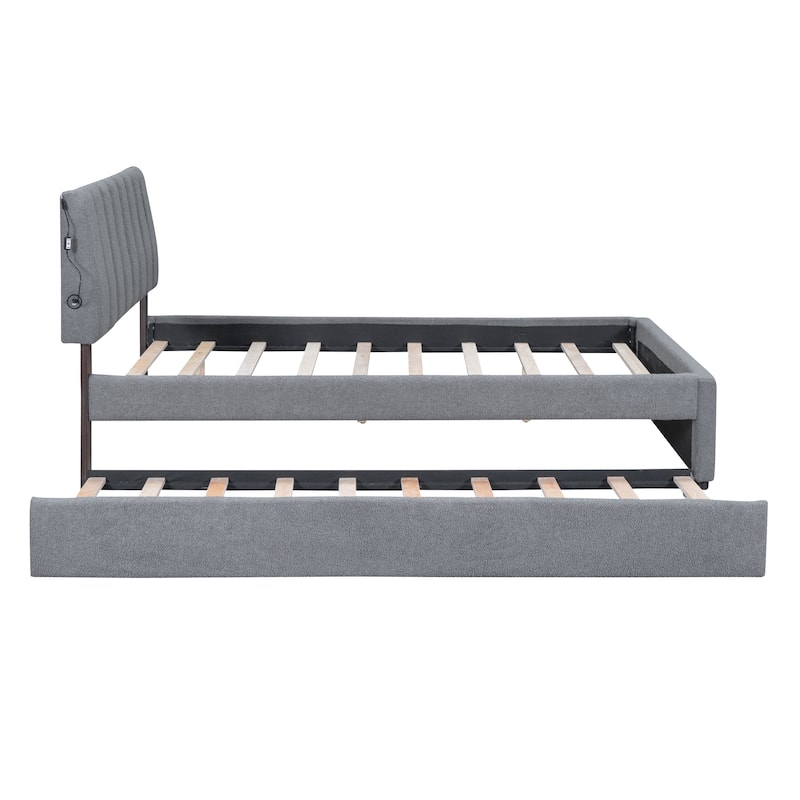 Full Size Upholstered Platform Bed with Twin Trundle, Gray, Remote-Controlled LED Lights, Durable Design