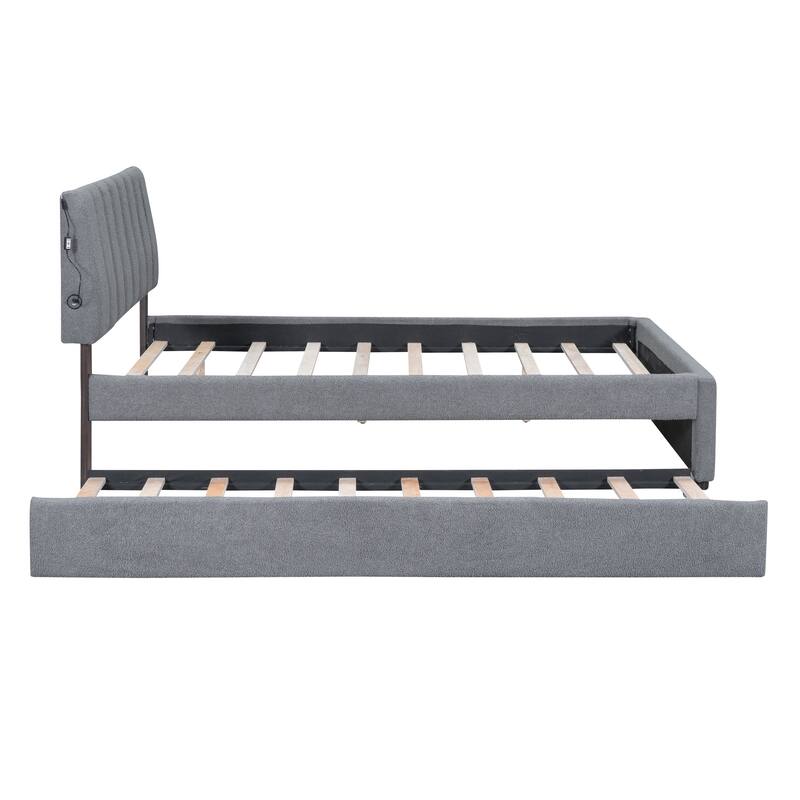 Twin/Full/Queen Teddy Fleece Upholstered Platform Bed with Trundle and LED Lights - Space-Saving & Stylish Design