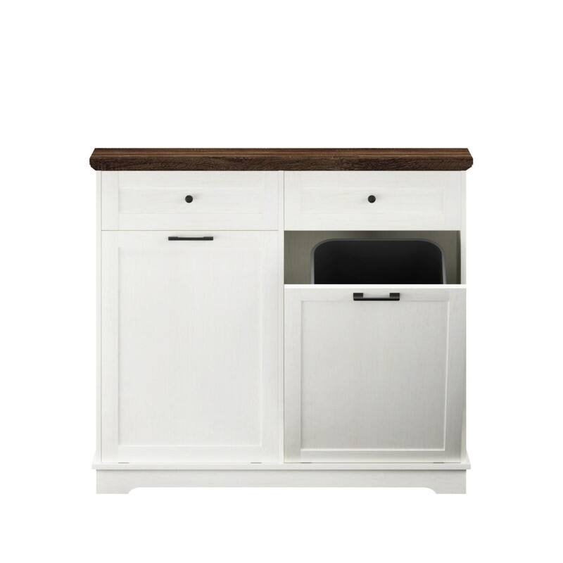 20 Gallon Double Tilt-Out Trash Can Cabinet, Freestanding Wooden Garbage & Recycling Bin with Hideaway Drawer