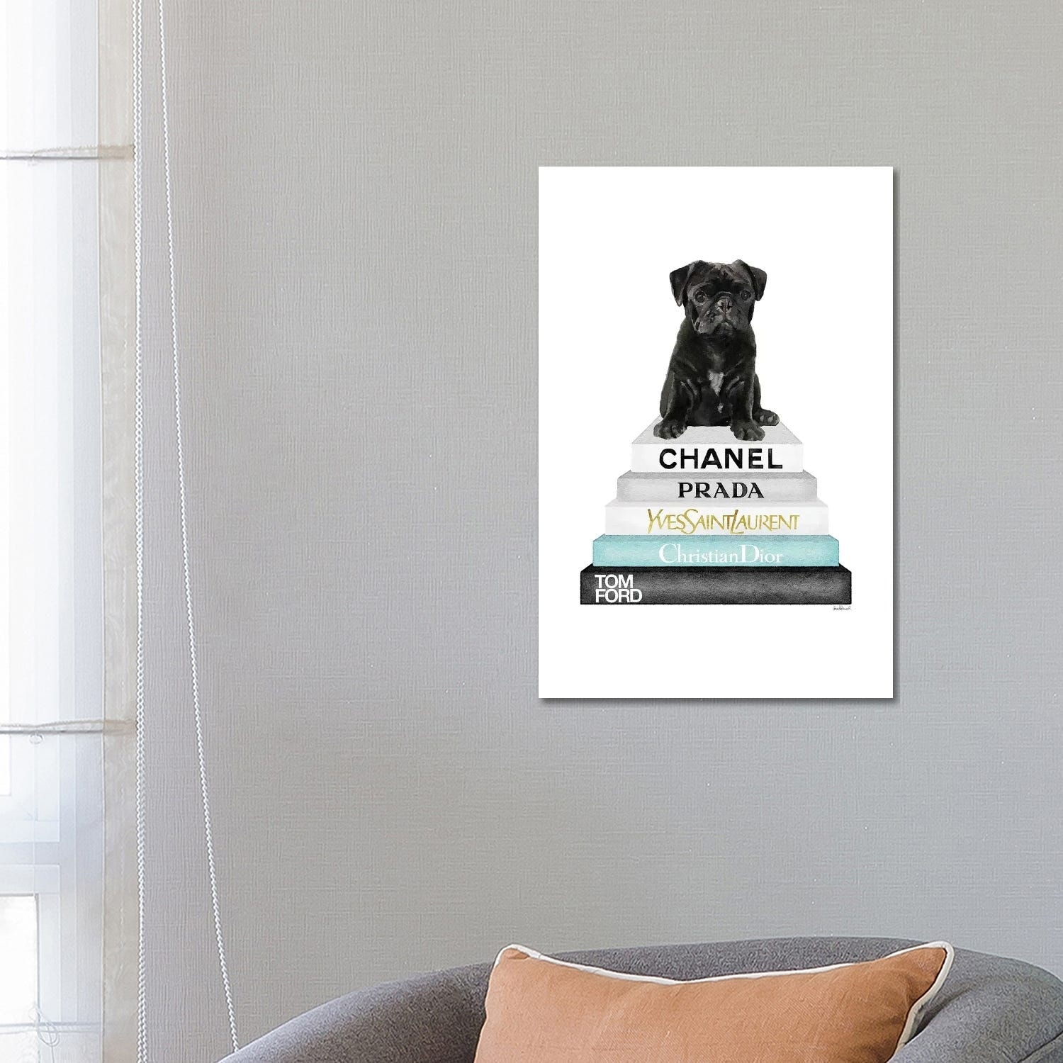 iCanvas Grey & Teal Fashion Books With Black Pug by Amanda Greenwood  Canvas Print - Bed Bath & Beyond - 34260751