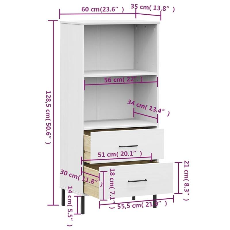 vidaXL Bookshelf Book Cabinet with 2 Drawers Storage Cabinet OSLO Solid Wood - 23.6" x 13.8" x 50.6"