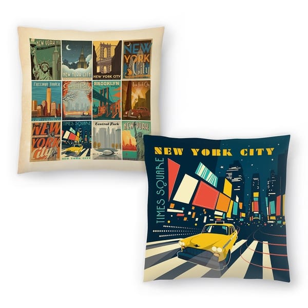 Nyc Times Square and Nyc Pattern Border Set of 2 Decorative Pillows