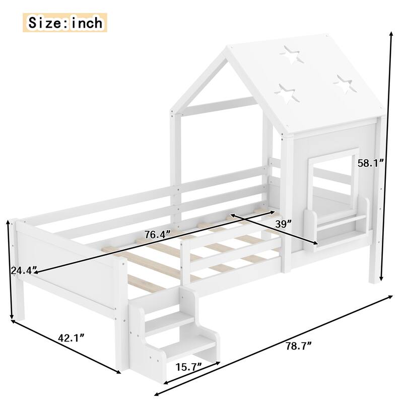 Kids House Platform Bed with Stairs, Star Roof, Window, Bookcase & Blackboard, Solid Wood Low Profile Bed No Box Spring