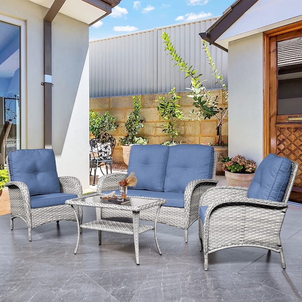 Pocassy Outdoor Patio Sofa Loveseat with Chair Coffee Table