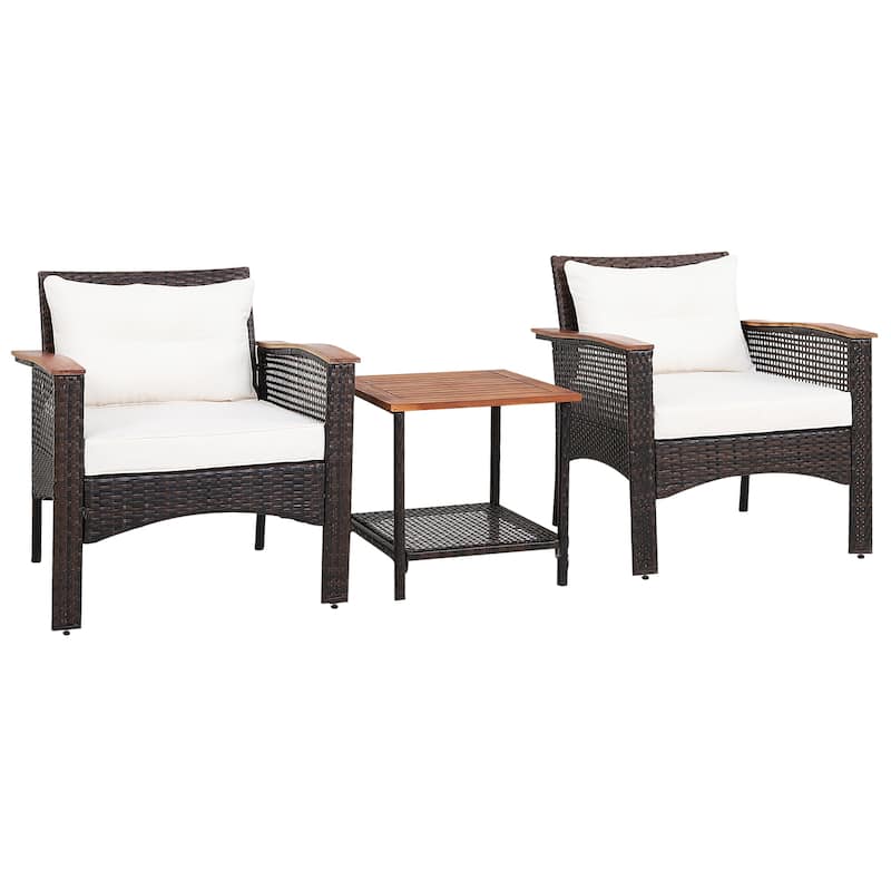 3 PCS Patio Sofa Set Rattan Conversation Set with 2 Tier Coffee Table - Beige