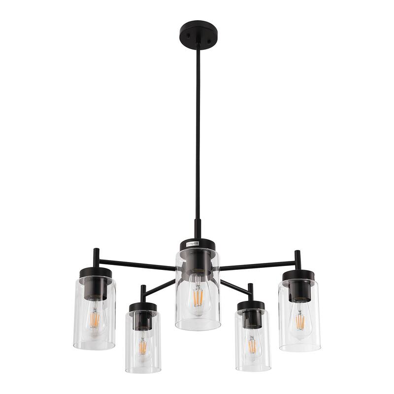 YANSUN 5-Light Matte Black Candle Chandelier with Blue Glass Shades and E26 Base for Sophisticated Spaces - 25*25*9.6