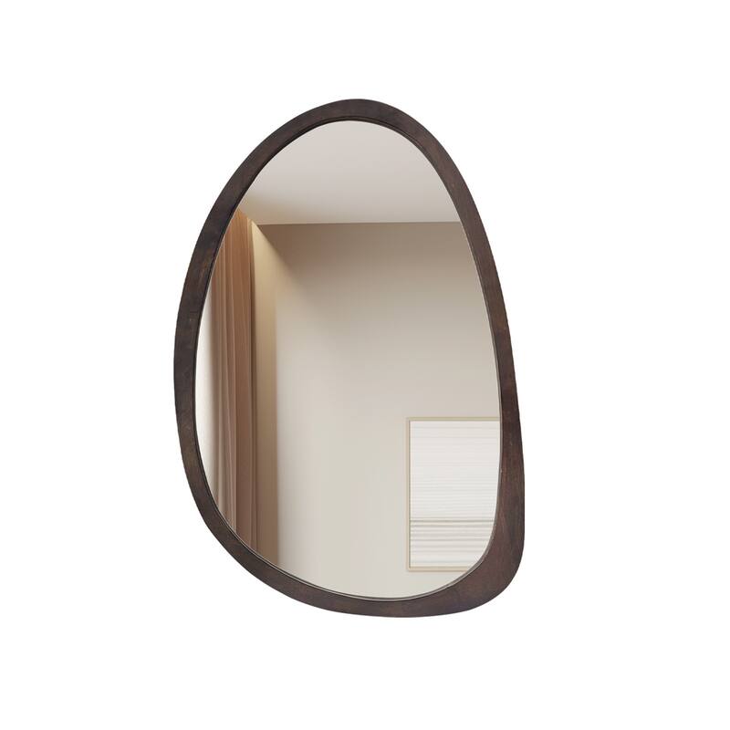 Industrial Irregular Wall Hanging Mirror Walnut Wood Frame Farmhouse Accent Mirror