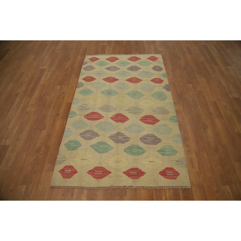 Hand Woven Oriental 100% Wool Carpet Southwestern Modern Beige & Ivories Kilim Area Rug - 5' 0'' X 3' 0''
