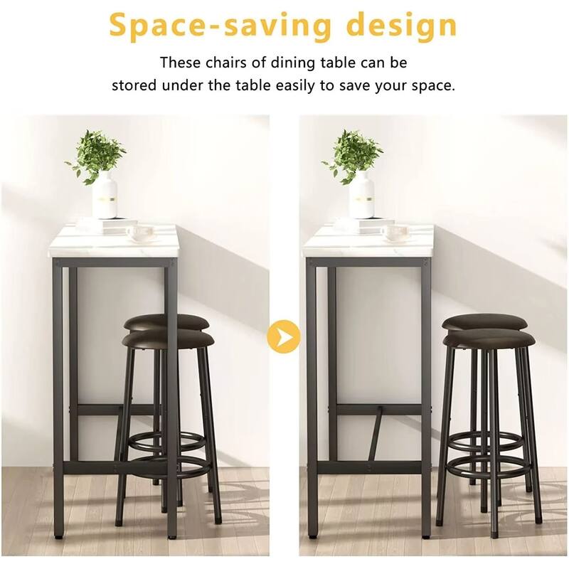 3 Piece Kitchen Pub Dining Set, Modern Faux Marble Counter Height Bistro Bar Table Set with 2 PU Leather Bar Stools