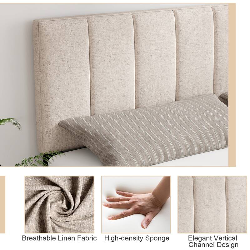 Gymax Linen Upholstered Headboard Vertical Channel Tufted Wood Leg for