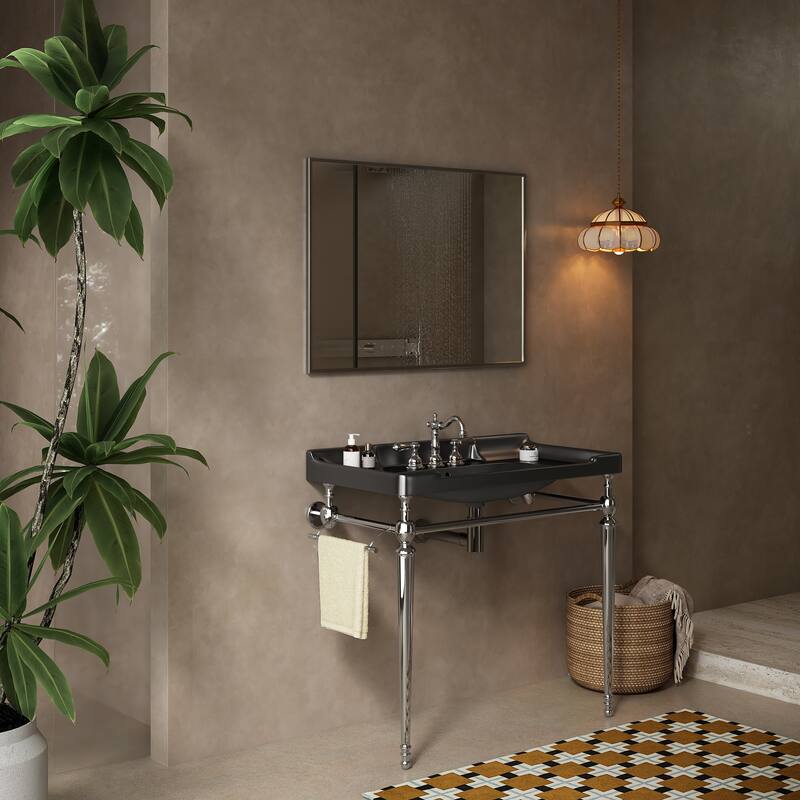 36" Wall-Mounted Console Sink: White Ceramic Basin with Stainless Steel Legs & Towel Bar (No Faucet)