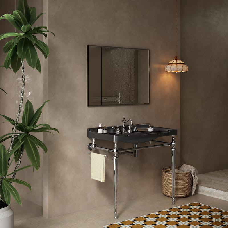Bathroom Console Sink, Wall-Mounted Black Ceramic Vanity Basin with Pre-drilled Faucet Holes