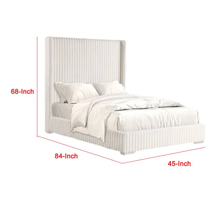 Wolo Twin Bed, White Fur Chenille Ribbed Upholstery, Wing Headboard