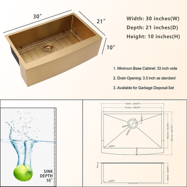 Lordear 30/33/36 Inch Stainless Steel Sink Farmhouse Apron Front Deep Single Bowl Gold Kitchen Sink with Accessories