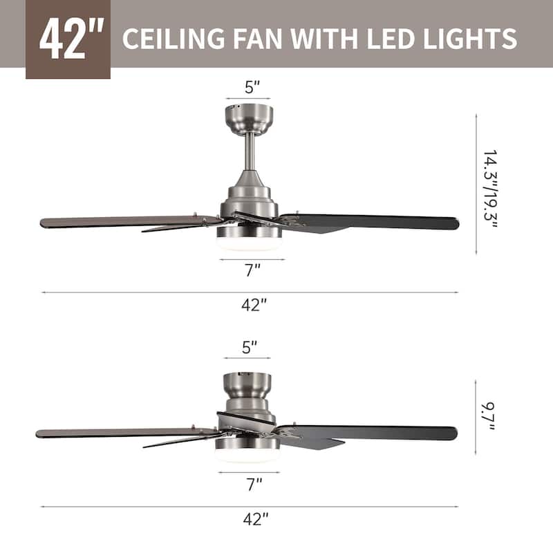 42“/52"/60"/48" Noiseless Walnut Wood Ceiling Fan with Remote Control, Integrated Light Optional