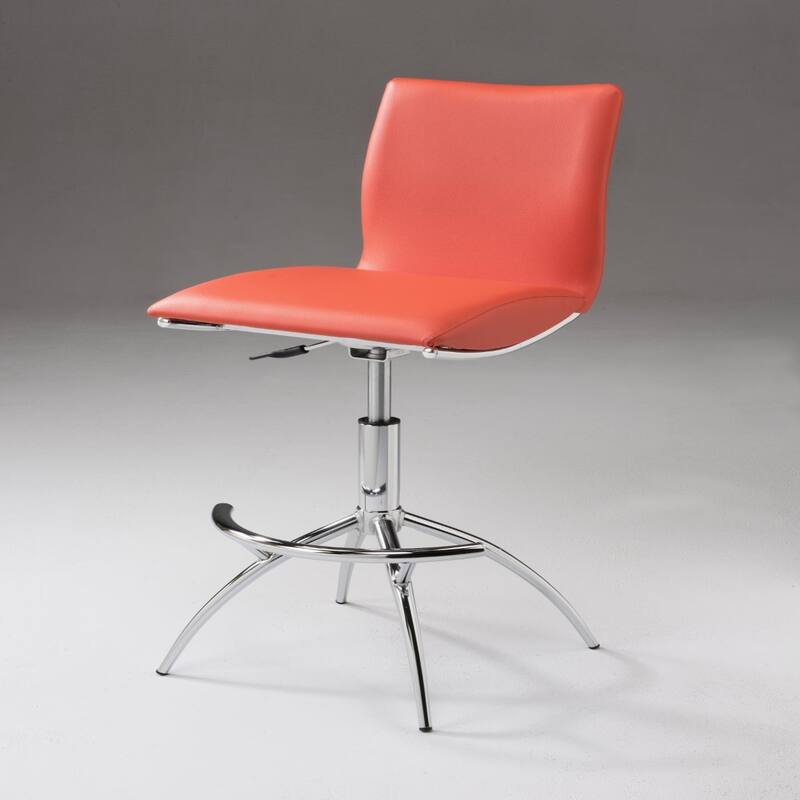Set of 2 Contemporary Bar Stools with Faux Leather Saddle Seats and Adjustable Metal Base - 39”H x 17”W x 15”D