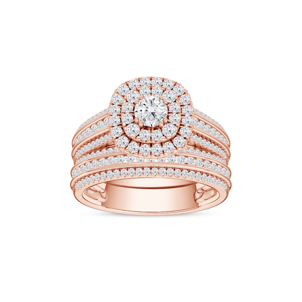 1ct TDW Diamond Double Halo Bridal Set in 10K Rose Gold for Women - Pink