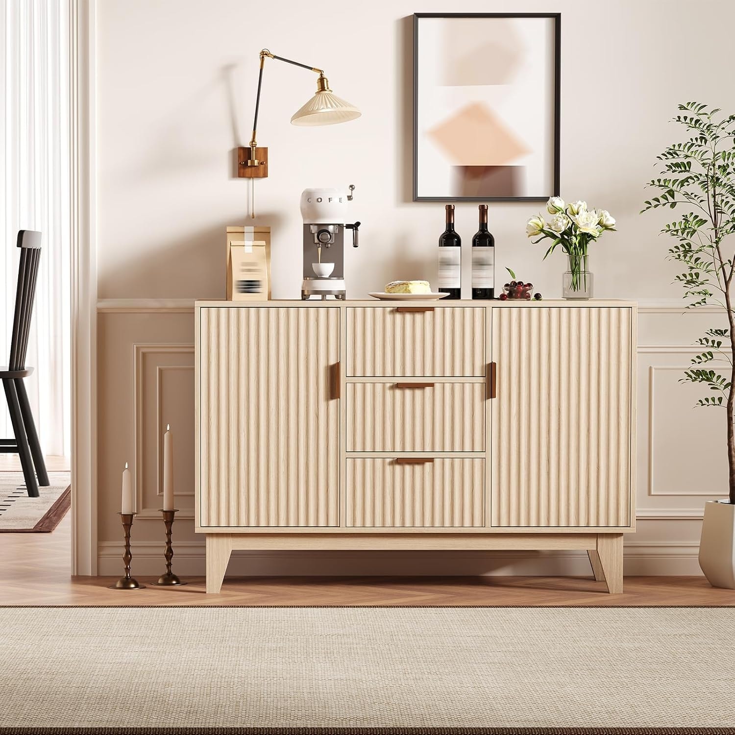 47 Inch Modern Fluted Sideboard Buffet Cabinet with 3 Drawers and Adjustable Shelves, Kitchen Storage Cabinet