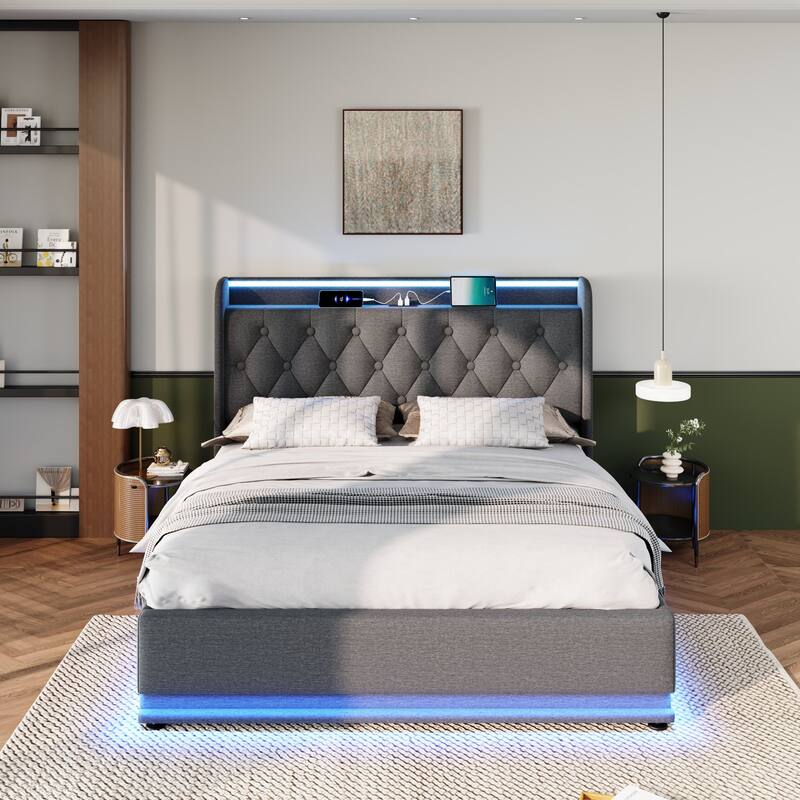 Upholstered Bed with LED Function and USB Charging