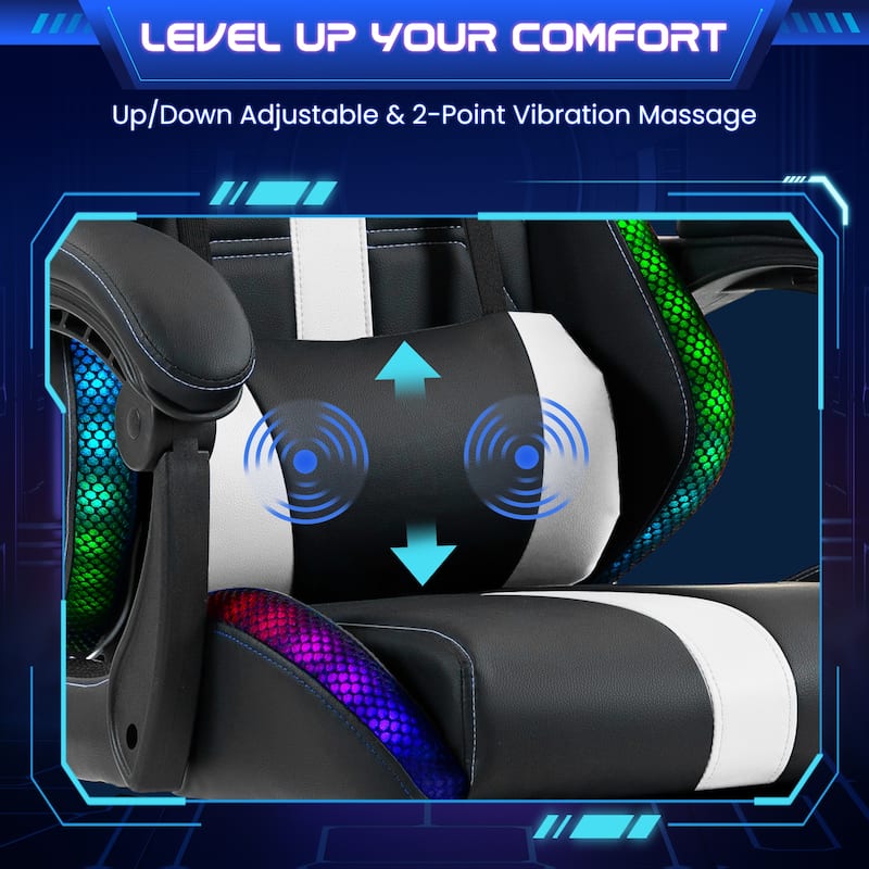 EROMMY RGB LED Gaming Chair with Thickened Massage Lumbar Pillow & Upgraded Footrest, Reclining Ergonomic Chair
