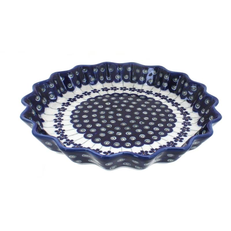 Blue Rose Polish Pottery 1331 Zaklady Scallop Quiche Dish - Flowering Peacock