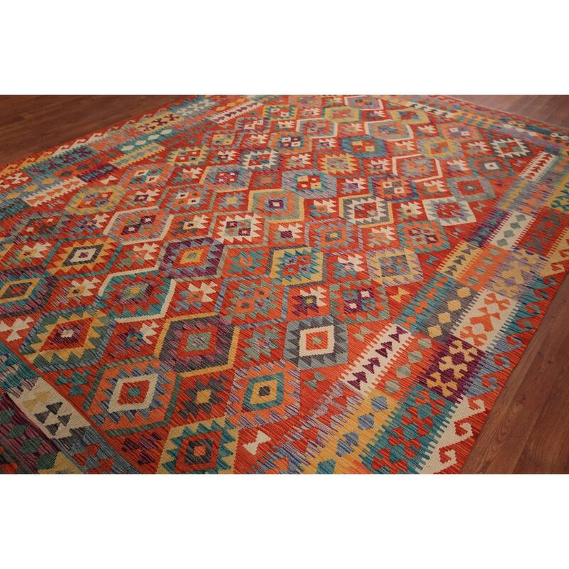 Kilim Oriental Area Rug Flatweave Geometric Orange Wool Carpet - 8'2" x 11'5"