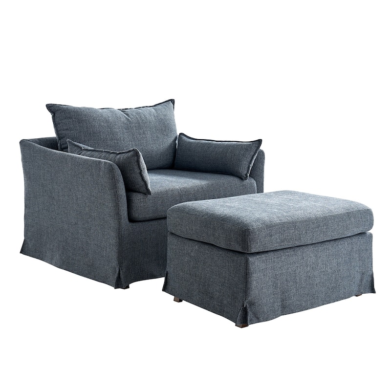 Sophie Modern Oversized Slipcovered Armchair and Ottoman with Lockable Rear Wheels by HULALA HOME