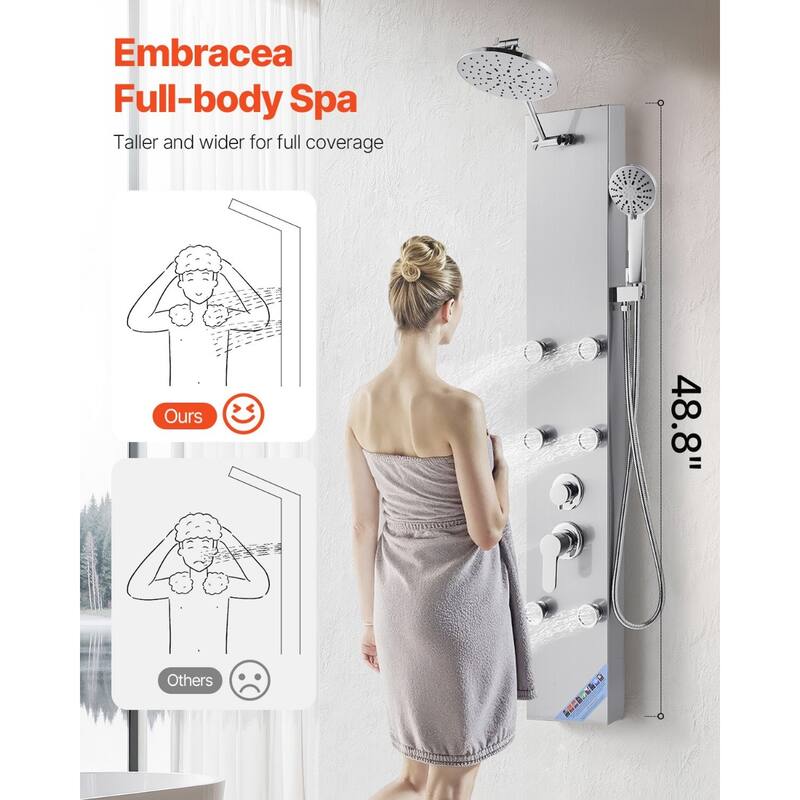 Silver Wall Mounted 3-in-1 Shower Panel Tower with Rainfall Head and Massage Jets Handheld Sprayer - 48.8” x 7.9” x 17.7”