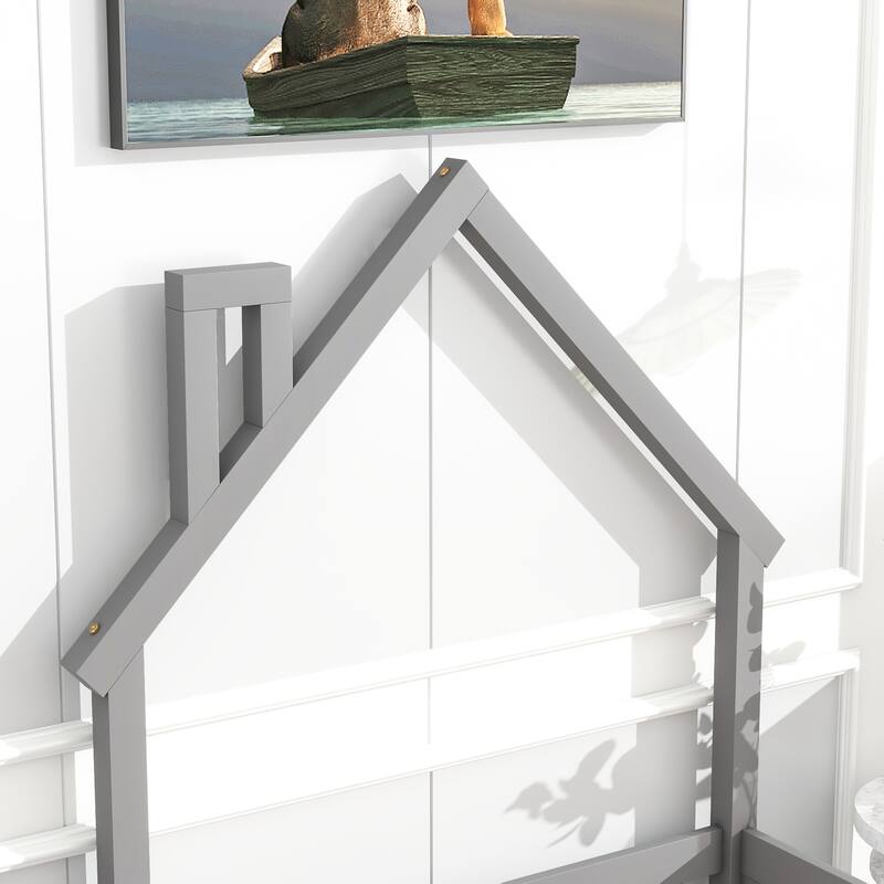 Twin House-Shaped Headboard Floor Bed with Fence, Fun & Safe Kids Bed