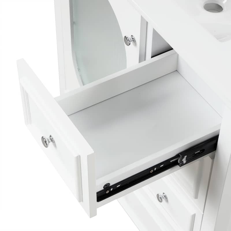 Modern Bathroom White Vanity with Sink, Oval Hazy Glass Door Cabinet and 3 Different-sized Drawers for Various Styles