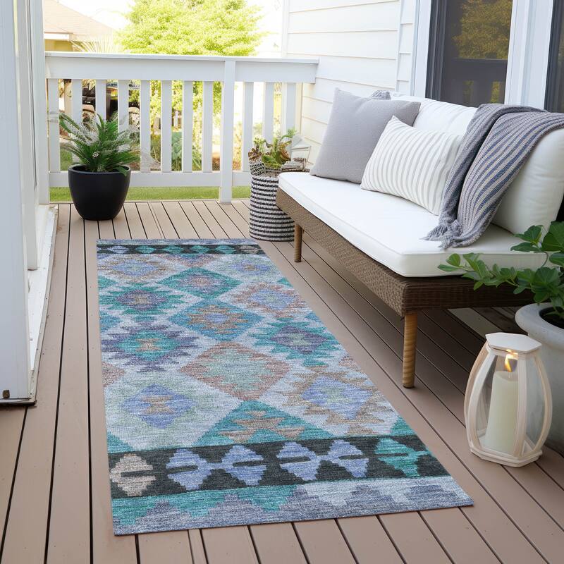 Machine Washable Indoor/ Outdoor Boho Global Chantille Rug - Teal - 2'3" x 7'6" - Runner