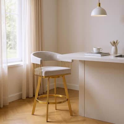 HomeRoots 26" Taupe and Gold Fabric and Stainless Steel Low Back Counter Height Swivel Bar Chair