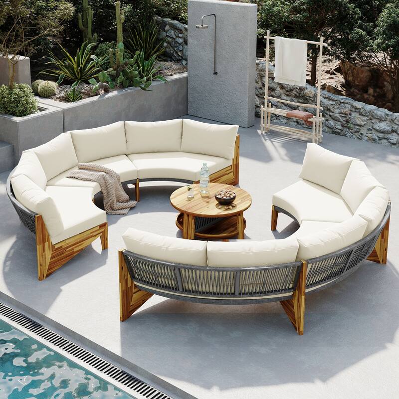 Outdoor 12-Seater Acacia Round Sectional Sofa Set with Coffee Table