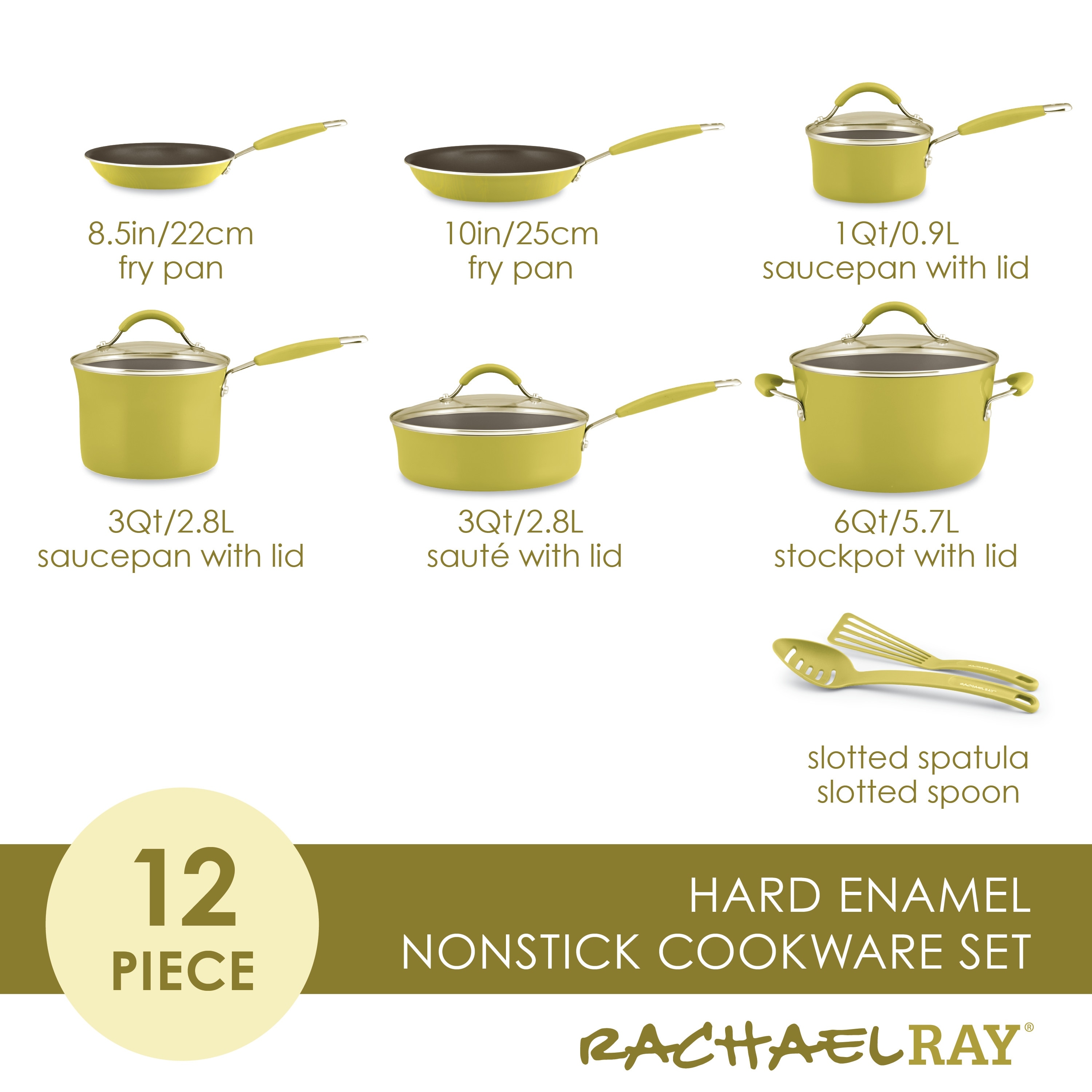 Rachael Ray Cucina Hard Porcelain Enamel Nonstick Cookware Pots and Pans Set,  12-Piece, Lemongrass Green - Bed Bath & Beyond - 33581677