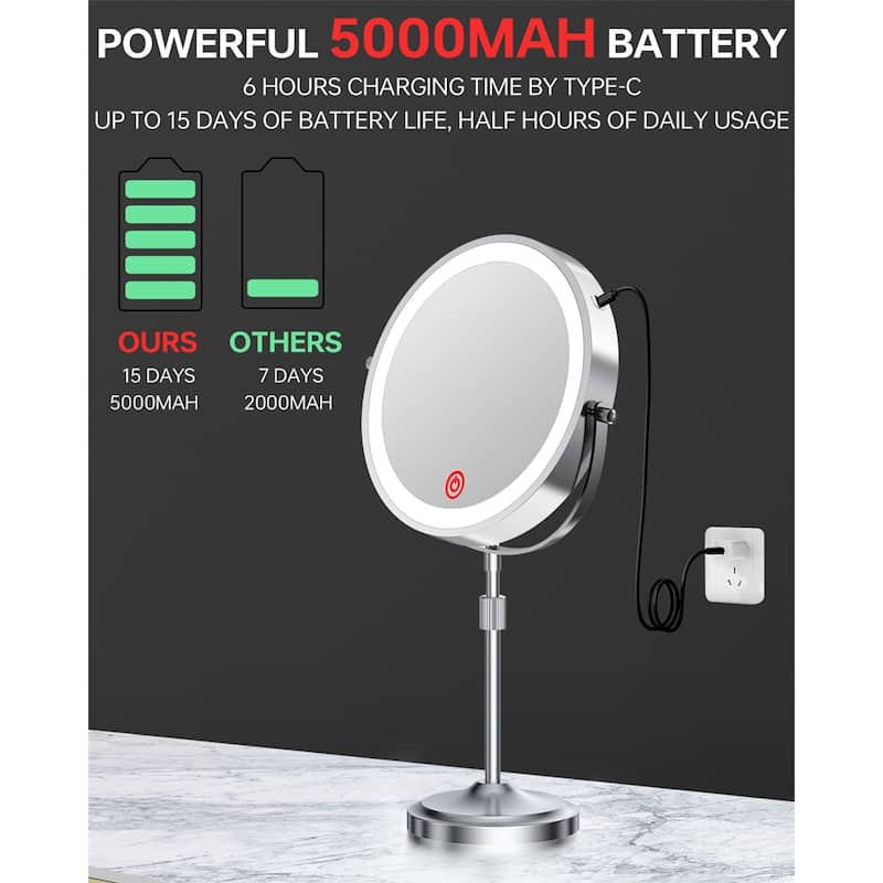 9" Lighted Makeup Double Sided 1X/10 Magnification Mirror, 3 Lighting