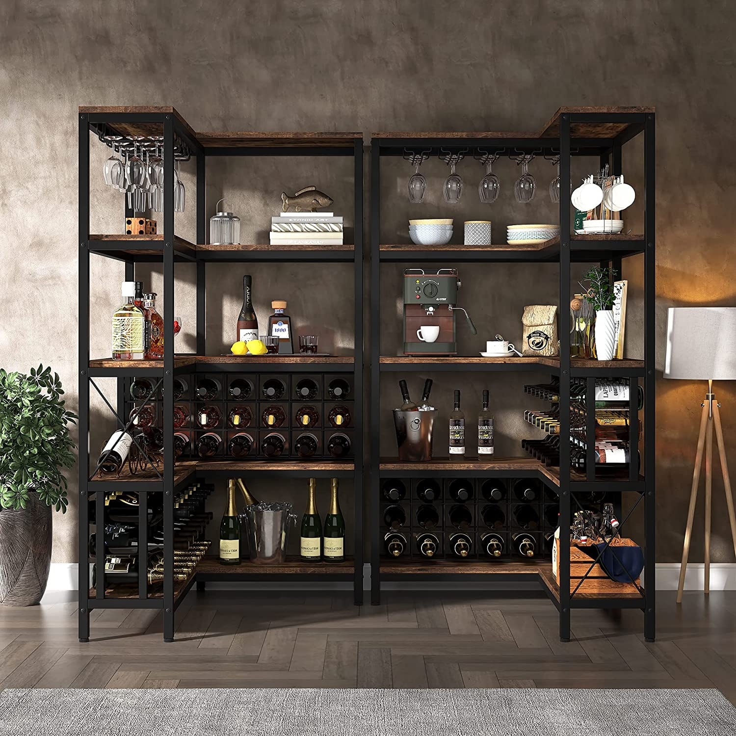 Large Corner Wine Rack 5 Tier L Shaped Industrial Freestanding Floor Bar Cabinets for Liquor and Glasses Storage
