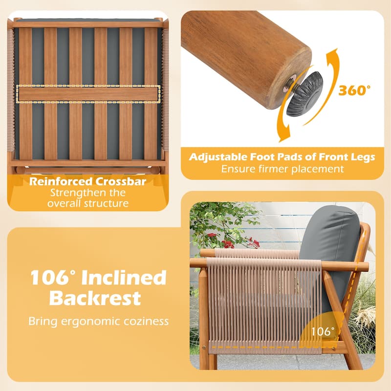 Gymax 2PCS Patio Acacia Wood Chair w/ Woven Rope Armrests & Seat Back